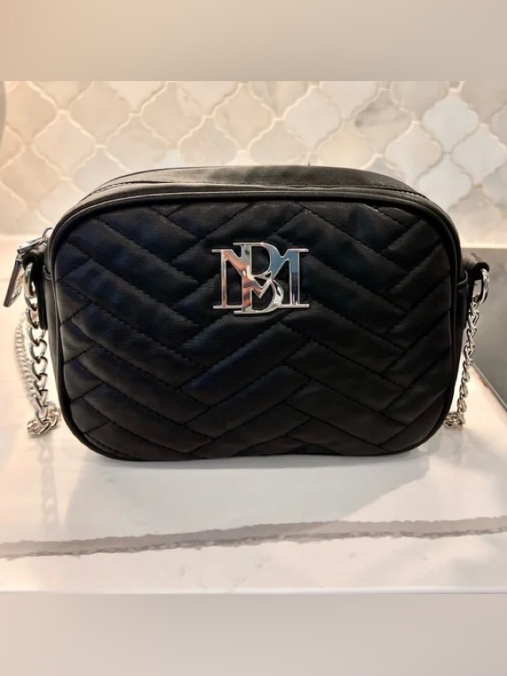 Badgley Mischka black quilted Chevron Camera crossbody purse